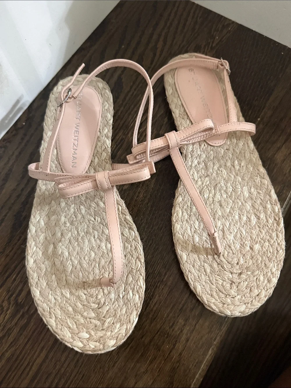 Stuart Weitzman Blush Leather Bow Espadrille Sandals